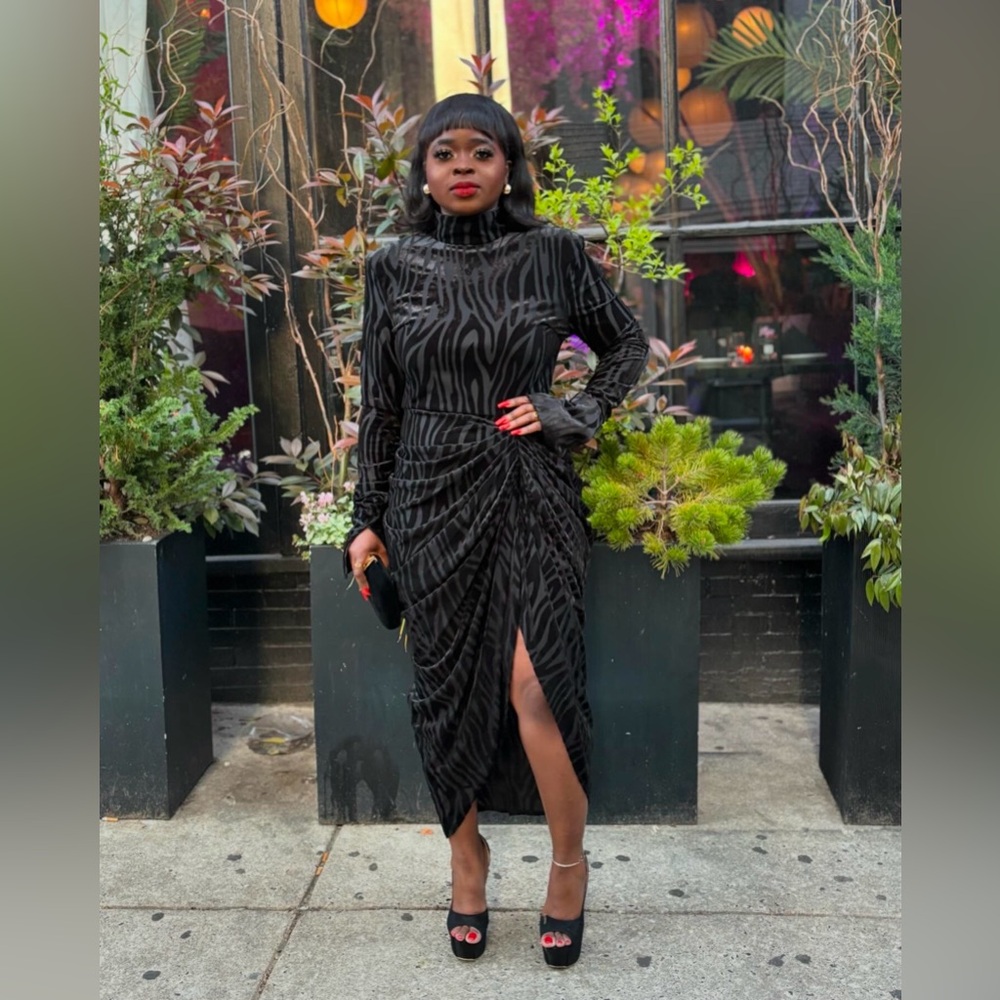 Black Zebra Devore High Neck Draped Midi Dress